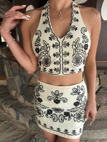 Carolina Barros 女士度假杏色底色黑花刺绣露背蝴蝶结短款上衣和 A 字迷你裙套装，女士套装，圣诞女装，海滩度假装，派对女装，音乐节/演唱会装，新年女装 - 彩色 - 查看 3