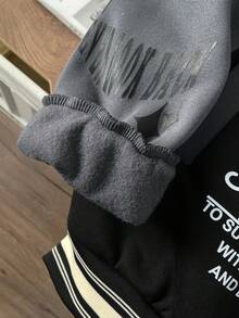 Manfinity Joysei Áo khoác bóng chày lót nhiệt in chữ màu tương phản tay dài thường ngày cho nam, mùa thu, màu đen, áo khoác Rave Varsity - Nhiều màu - Xem 6