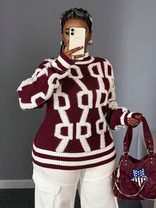 Maweii 女士休闲日常新年酒红色复古百搭通勤街头风青春时尚设计高品质纹理高领常规版型长袖字母图案撞色修身大码套头针织毛衣上衣，秋冬 - 彩色 - 查看 5