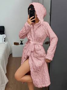 Dream Adore Women's Cozy Jacquard Wheat Ear Hooded Bathrobe With Tie Waist - Pink - View 2