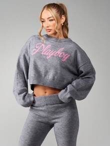 Missguided x Playboy Script Knitted Cropped Jumper And Flared Leggings Matching Co-Ord Set Winter Loungewear Outfit - Grey - View 3
