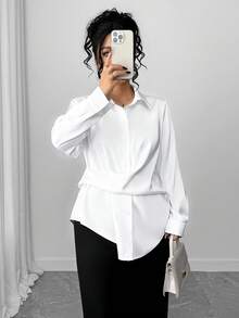 Elenzga Plus Size Solid Color Long Sleeve Casual Shirt - White - View 4