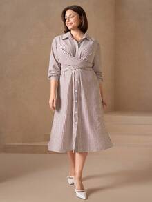 Chikora Plus Size Women Long Sleeve Silky Striped Shirt Dress,White Autumn Office Commute Midi Dress,Smart Casual Elegant Modest Front Opening Fall Outfits - Multicolor - View 7