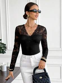 Serisse Women's Elegant Black V-Neck Contrast Lace Long Sleeve Slim Fit Blouse,Winter Ribbed Thermal T-Shirt,French Vintage See Through Top For Date,Casual - Black - View 4