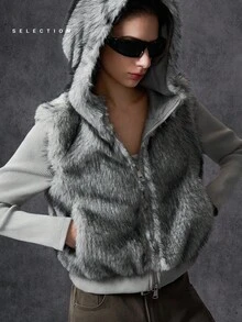 LYSMO 2025新款极简主义冬季女式休闲时尚街头风连帽长袖人造毛皮拉链开衫背心，秋冬灰色毛皮外套女式冬季服装外套女式秋季服装 - 灰色 - 查看 5