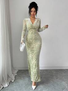 Rafferiza Women's Velvet Burnout Draped Neck Long Sleeve Fitted Midi Dress, Winter - Green - View 7