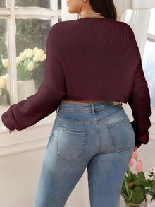 SHEIN LUNE Plus Size Women Solid Color Knitted Butterfly Embroidered Short Cardigan, Fashionable And Versatile For Autumn/Winter - Burgundy - View 2