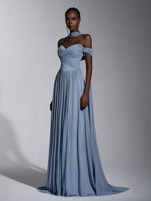 Elitara 优雅浪漫时尚的蓝色弹力网纱无肩带礼服，饰有鱼骨纹，前开衩，荷叶边装饰，A字型喇叭裙摆，拖尾，无肩带，长款正式派对礼服，婚礼宾客礼服，蓝色长款连衣裙，伴娘礼服，正式晚礼服 - 霧霾藍 - 查看 5