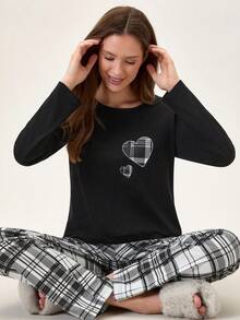 Loomlin Bộ đồ ngủ dài tay in họa tiết kẻ caro cotton 2 chiếc và quần dài họa tiết kẻ caro - màu đen - Xem 6