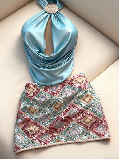 Franclia Bộ 2 món áo hở lưng dây mảnh gợi cảm kiểu Mỹ không tay có viền bất đối xứng + chân váy mini đính hạt hình thoi dành cho nữ