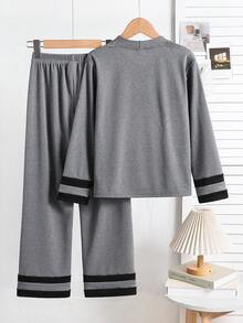 2 Piece Sets Girls' Casual Schoolgirl Style Gray Long-Sleeved Cardigan Top And Trousers In Ribbed Fabric With Simple Letter Embroidery, Suitable For All Seasons. Two Piece Sleepwear Set Grey Pajama Set,Kids Clothes Girls - Grey - View 2