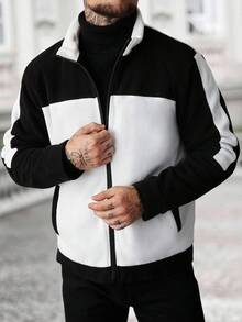 Manfinity Homme 男士休闲日常运动通勤百搭黑白拼布拉链夹克，秋季黑白夹克男士拉链夹克羊毛夹克拼色夹克男士街头服饰 - 黑與白 - 查看 6