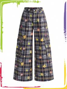 Teletubbies X ROMWE 女士休闲时尚街头工装口袋印花格子宽松阔腿裤 - 彩色 - 查看 5