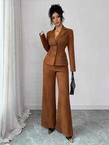 SHEIN Elenzya New Women's Suede Fabric Long Sleeve Fitted Blazer Style Paired With Elastic Waist Flared Leg Pants, Young & Elegant Office/Casual 2 Pieces Set - Brown - View 5
