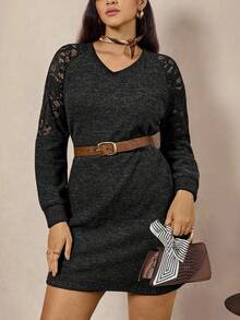 Zelara Vintage Coin Pattern Plus Size Knit Dress - Black - View 4