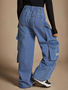 Radiana Jeans rectos con bolsillo con solapa y rotos en el lado, de estilo cargo, para niñas preadolescentes de moda Y2K. Ropa de otoño para niñas, conjuntos de ropa de calle para vuelta al cole - Azul lavado medio - Ver 2