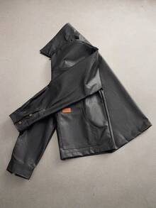 AXEPEAK Men's Casual Woven PU Leather Collar Jacket, Suitable For Everyday Wear Men Black Leather Jacket Men Streetwear Jacket Black Leather Jacket With Pockets Loose Fit Leather Jacket Men Men Casual Leather Jacket , Fall Winter - Brown - View 3