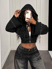 BamGleam Áo khoác lông cừu có mũ đính đinh tán dành cho nữ - màu đen - Xem 3