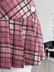 Elamini Bộ 2 món áo crop top hở lưng kẻ caro gợi cảm và chân váy mini xếp ly cho nữ, mùa hè - Hồng - Xem 6