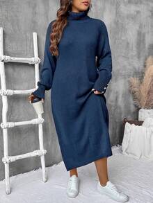 SHEIN LUNE 大码女式黑色高领长袖连衣裙，秋冬季休闲百搭毛衣裙 - 藏蓝色 - 查看 6