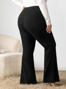 Enliva Obviously_ebony Plus Size Women's Elastic Flare Pants With Pocket Details, For Apple Rounded Body Shape - Black - View 5