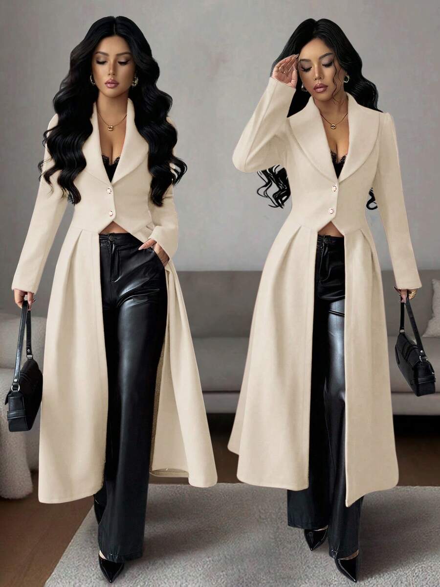 Rafferiza Áo khoác Maxi dáng chữ A xẻ tà phía trước, eo thắt thanh lịch cổ điển dành cho nữ, Thu/Đông - Màu be - Xem 1