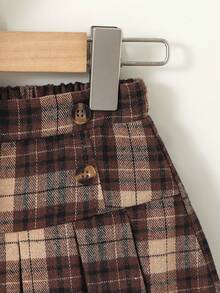 SHEIN 女童二合一短袖衬衫和格子百褶裙休闲套装 - 棕色 - 查看 6