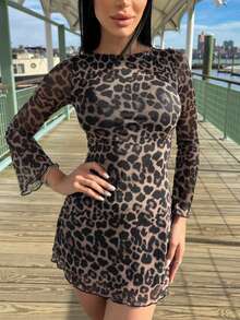Carolina Barros 女士豹纹网布喇叭袖迷你连衣裙 - 棕色 - 查看 3