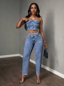 SHEIN Tall Women's Asymmetric Waist Pocket Casual Tapered Jeans