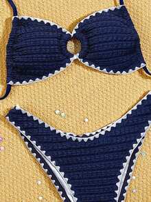 Swim SXY Women's Solid Color Jacquard Fabric Bubble Pattern Spaghetti Strap Drawstring Tie Circular Ring Decor Shell Flower Trim Casual Sexy Beach Bikini Swimsuit Set, Spring/Summer