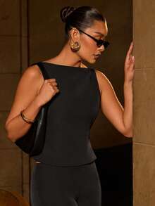 L'Amorae 女士弹力船领露背蝴蝶结上衣 - 黑色 - 查看 4