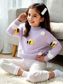 Maglione lavorato a maglia viola casual, alla moda e carino con fiori e api, morbido e confortevole, adatto per scene quotidiane, viaggi, vacanze, casa, asilo, autunno e inverno, Natale, apertura scolastica, feste, stile versatile a maniche lunghe, abbigliamento primaverile, autunnale e invernale, abiti da ragazza per festival, maglione con api e girasoli, maglioni carini per bambini, set di abbigliamento con api e girasoli, taglia 7 - Viola chiaro - Visualizzare 5