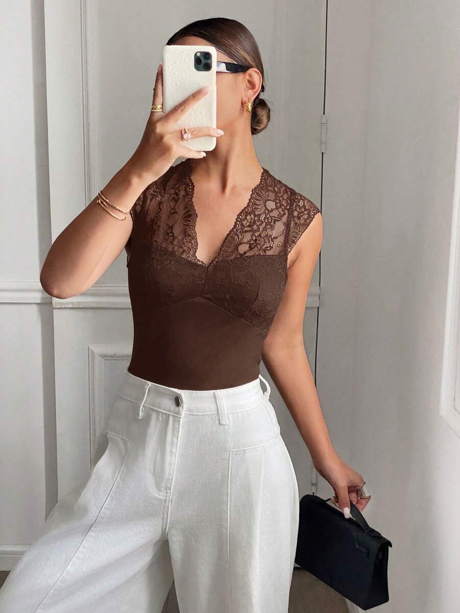 Siren Gaze Women's Contrast Lace V-Neck Sleeveless Fitted Blouse Summer Elegant Brown - Brown - View 1