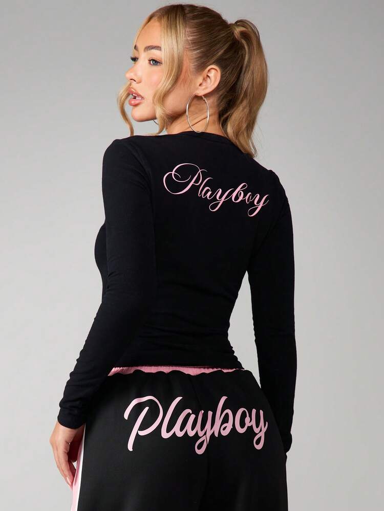 Missguided x Playboy 긴소매 골지 탑, 토끼 프린트 및 메탈 아일렛 네크라인 트림