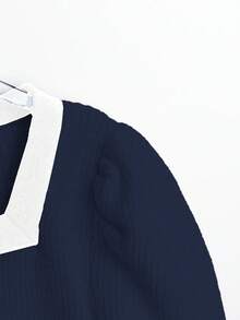 Franclia European & American Style Blogger Same Elegant Metal Buckle Contrast Color Square Collar Fitted Puff Sleeve Pullover Sweater - Navy Blue - View 7