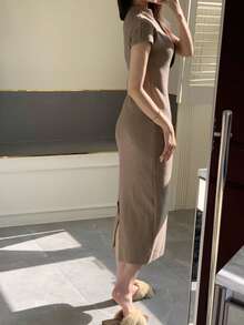 DAZY Sleeveless Turtleneck Bodycon Midi Dress, Women Knit Sweater Dress - Khaki - View 2