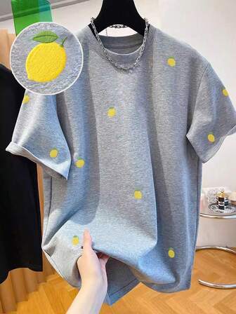 Men's Round Neck Lemon Embroidery T-Shirt - Round Neck Casual Top - Lightweight T-Shirt Suitable For All Seasons