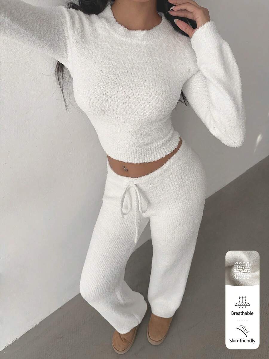 FavEase 女士休闲简约宽松针织两件套 - 白色 - 查看 1