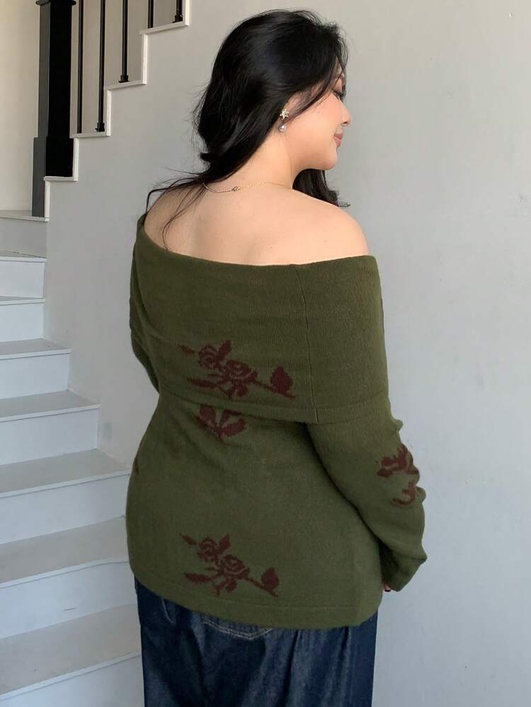Dazy Plus Plus Size Jacquard Elastic Fitted Turtleneck Off Shoulder Elegant Floral Pullover Sweater, Autumn/Winter