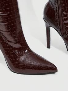 Daringsoles 女士尖头侧拉链设计时尚百搭高跟过膝长靴 - 棕色 - 查看 9