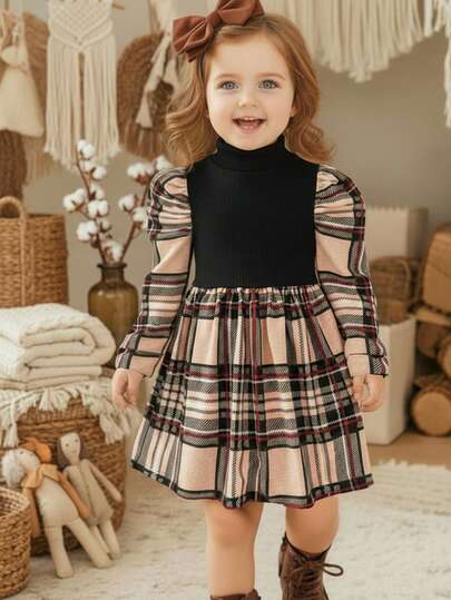 LMoss Kids LMoss Baby Girl Plaid Leg Of Mutton Sleeve High Neck Long Sleeve Dress, Brown Plaid Patchwork College Style Dress, Suitable For Autumn And Winter Wear, Christmas Wear, Indoor And Outdoor, Cozy Fall & Winter Styles, Christmas Jumper, Christmas Party Dress