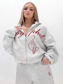 BABYPHAT Luźna bluza z wysokim kołnierzem i zamkiem błyskawicznym, z nadrukiem i płomieniami, zapewniająca swobodny komfort - Szary - Zobacz 4