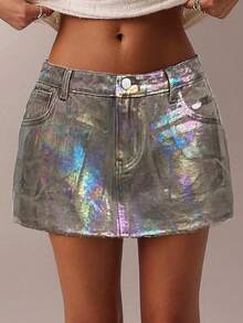 Jeanoix Dam Y2K Casual Fashionable Street Sexig Hologram Metallic Raw Edge Mini Denim Kjol - Multifärgad - Visa 8