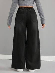 SHEIN 少女基础款浅色水洗牛仔保暖内衬宽松长裤，秋冬保暖休闲高腰阔腿牛仔裤，百搭Y2K风格，适合教师、返校、教堂等场合，商务休闲女孩，工装牛仔裤连衣裙，秋冬宽松裤，高腰长款阔腿牛仔裤，街头风，冬季牛仔裤 - 黑色 - 查看 2