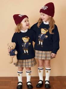 1 Áo len Raglan họa tiết gấu hoạt hình đơn giản cho bé gái, thích hợp mặc hàng ngày và đi học - Màu xanh hải quân - Xem 4