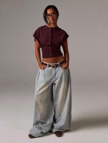 Athîral Áo len chui đầu tay cánh dơi cài nút phía trước màu trơn tối giản dành cho nữ - Màu Đỏ Sâu - Xem 3