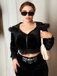 Lupita Cardoza Bộ quần ống loe cạp trễ và áo hoodie nhung ngắn Y2K Gyaru Baddie dành cho nữ - màu đen - Xem 5