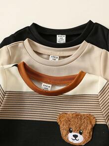 SHEIN Bộ 6 món/Bộ áo thun tay ngắn họa tiết gấu và sọc dễ thương dành cho bé trai/bé gái, phù hợp cho mùa xuân/hè, tiệc sinh nhật, đám cưới, tiệc chào đón em bé, lễ rửa tội - Màu Khaki - Xem 4