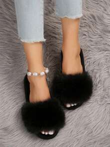Pantuflas de mujer modernas peluche punta abierta sin correa plana chic invierno casa pantuflas negras - Negro - Ver 2