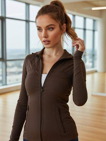 Chaqueta deportiva de manga larga con cremallera de unicolor para mujer, con puños con agujero para el pulgar ropa deportiva para fitness yoga y correr